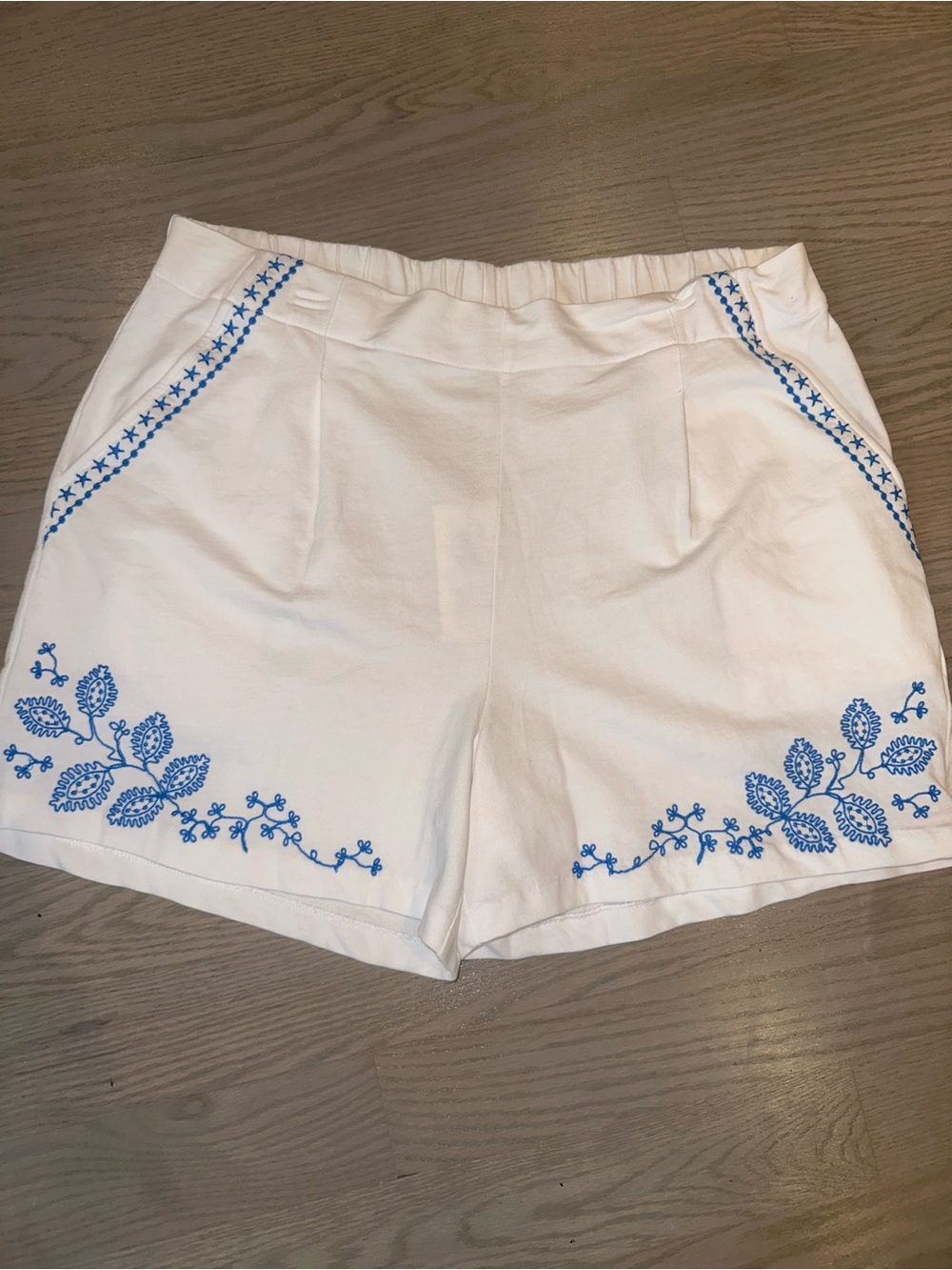 Johnny Was White Shorts with Blue Embroidered Floral Trim